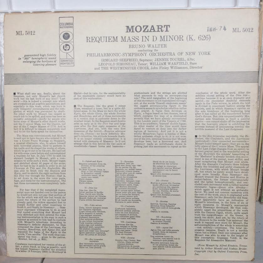 Wolfgang Amadeus Mozart, Bruno Walter Conducting T - Requiem Mass In D Minor, K. 626 (VINYL) | Excellent+ (EX+) Very Good Plus (VG+)