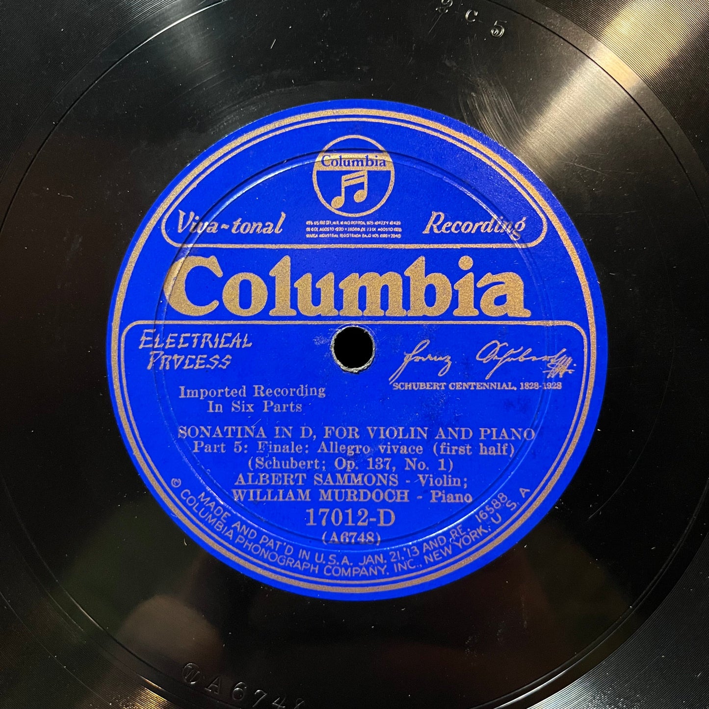 WILLIAM MURDOCH / ALBERT SAMMONS - SONATA IN D / SCHUBERT OP 137 (78RPM 10") 17012-D COLUMBIA | Near Mint (NM or M-) Generic