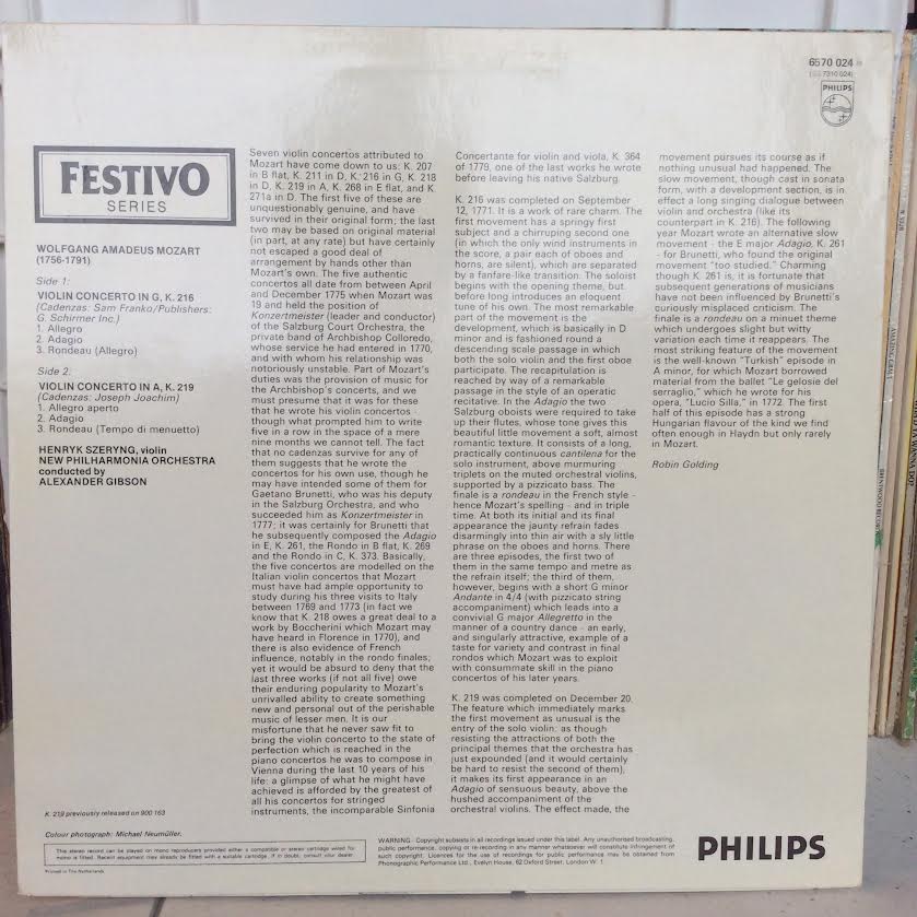 Violin Concertos No. 3 in G No. 5 in A (VINYL) | Near Mint (NM or M-)