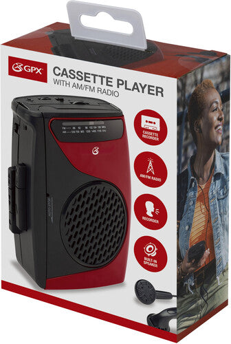 Jensen - GPX CAS337 Portable Cassette Player with AM/FM Radio/Voice Record (Red, Black, Cassette Player) |