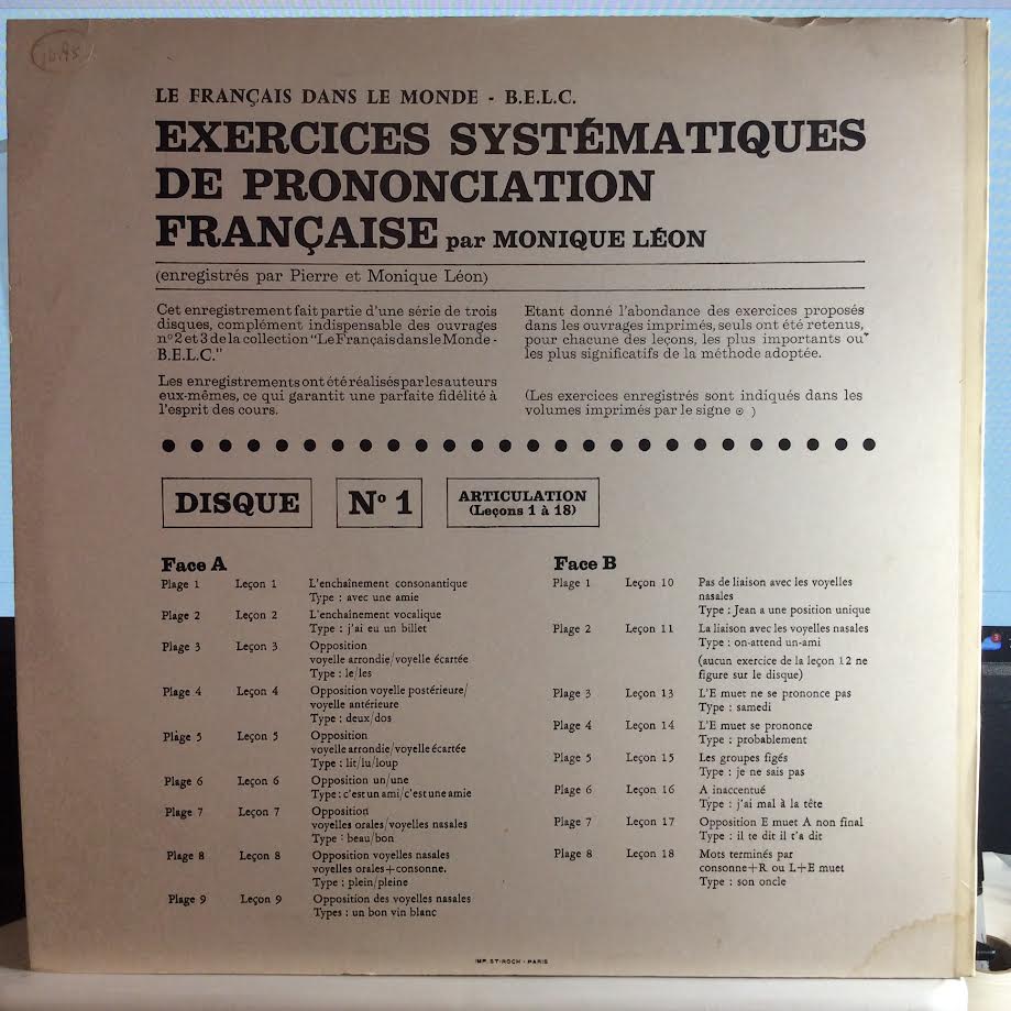 Monique Léon - Exercises Systematiques De Prononciation Francaise (VINYL) | Near Mint (NM or M-) Very Good Plus (VG+)