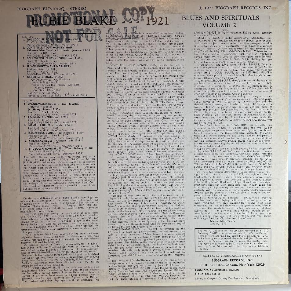 Eubie Blake - 1921 - Vol. 2 Rare Piano Rolls Of Early Blues And Spirituals (VINYL) | Very Good Plus (VG+) Excellent+ (EX+)