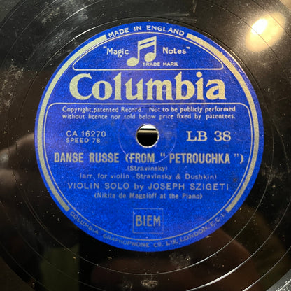Joseph Szigeti - DANSE RUSSE / NORWEGIAN SONG / GAVOTTE (78RPM 10") COLUMBIA LP 38 UK | Excellent+ (EX+) Generic