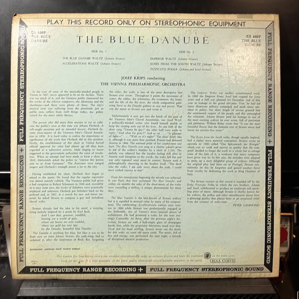 Josef Krips - The Blue Danube (VINYL) | Excellent+ (EX+) Very Good Plus (VG+)