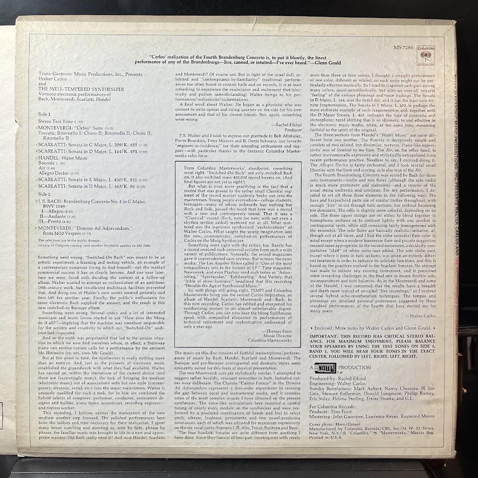 Walter Carlos - The Well-Tempered Synthesizer (VINYL) | Excellent+ (EX+) Excellent (EX)