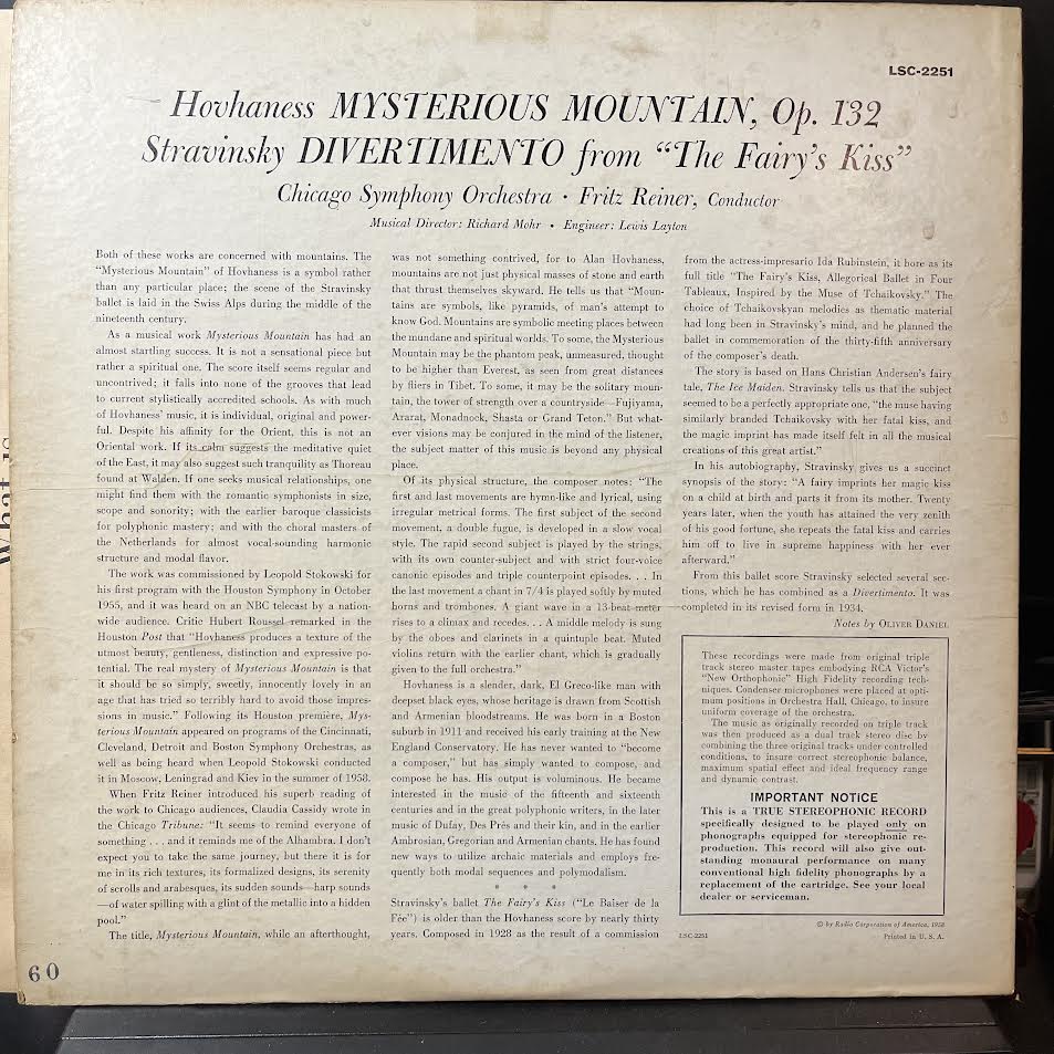 Alan Hovhaness - Mysterious Mountain / Divertimento (From The Fairy's Kiss) (VINYL) | Excellent+ (EX+) Excellent+ (EX+)