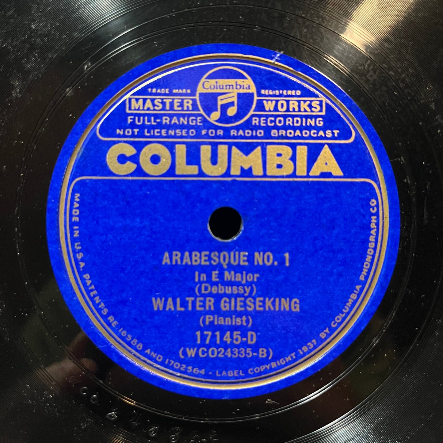 WALTER GIESEKING - ARABESQUE NO. 1 & 2 (78RPM 10") 17145 COLUMBIA | Excellent+ (EX+) Generic