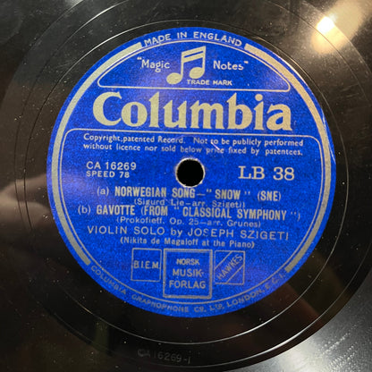 Joseph Szigeti - DANSE RUSSE / NORWEGIAN SONG / GAVOTTE (78RPM 10") COLUMBIA LP 38 UK | Excellent+ (EX+) Generic
