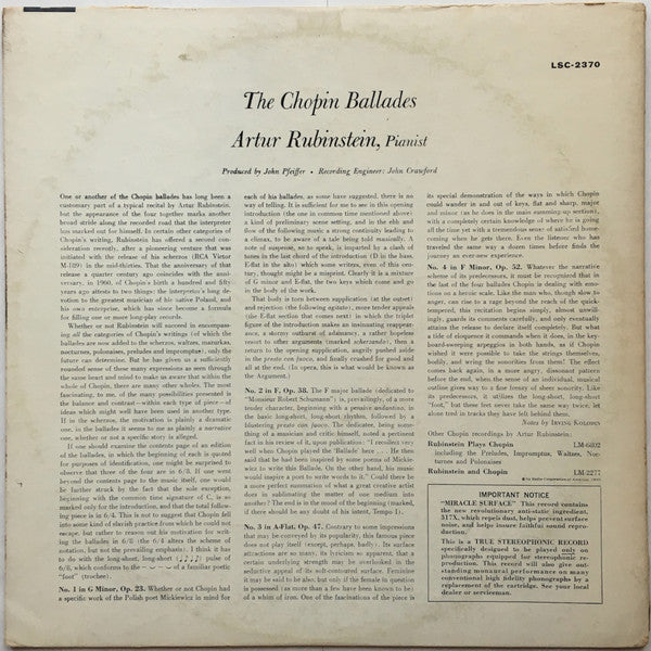 Frédéric Chopin - The Chopin Ballades (VINYL) | Excellent (EX) Excellent+ (EX+)