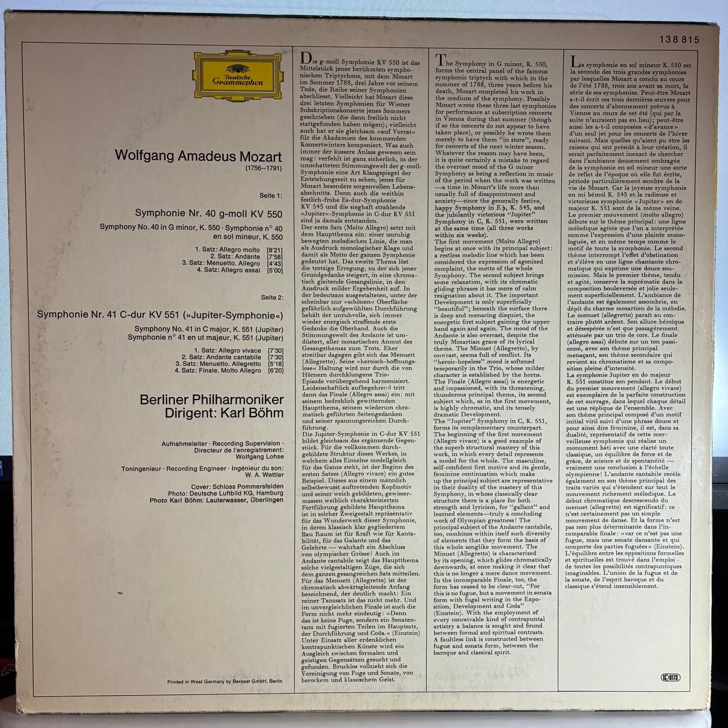 Wolfgang Amadeus Mozart - Symphonien Nr. 40 G-Moll = In G Minor KV 550 / Nr. 41 C-Dur = In C Major KV 551 "Jupiter" (VINYL) | Excellent (EX) Excellent (EX)