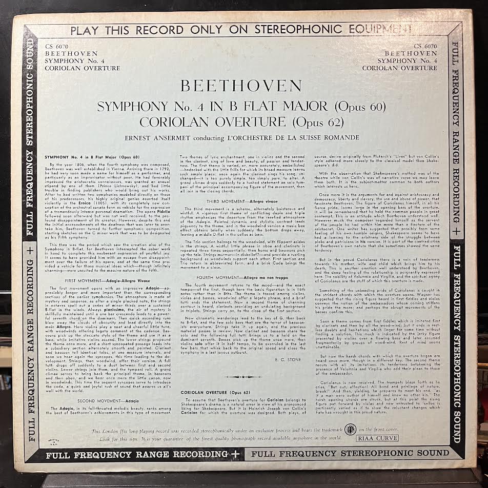 Ludwig van Beethoven - Symphony No. 4 In B Flat Major Opus 60 + Overture "Coriolan" Op. 62 (VINYL) | Near Mint- (NM-) Near Mint- (NM-)