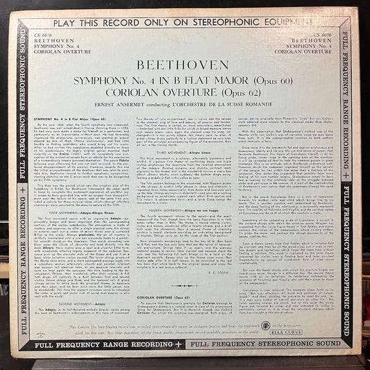 Ludwig van Beethoven - Symphony No. 4 In B Flat Major Opus 60 + Overture "Coriolan" Op. 62 (VINYL) | Near Mint- (NM-) Near Mint- (NM-)