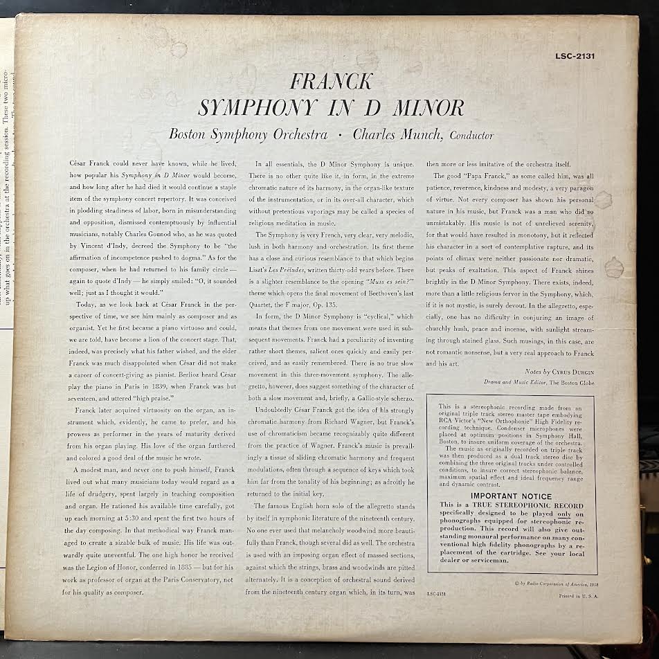 César Franck - Symphony In D Minor (VINYL) | Near Mint- (NM-) Excellent+ (EX+)