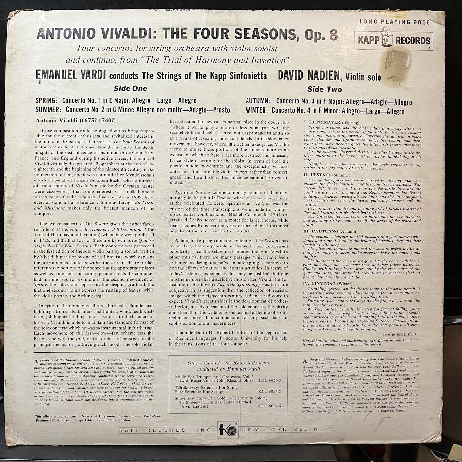 Antonio Vivaldi - The Four Seasons (VINYL) | Near Mint- (NM-) Excellent (EX)