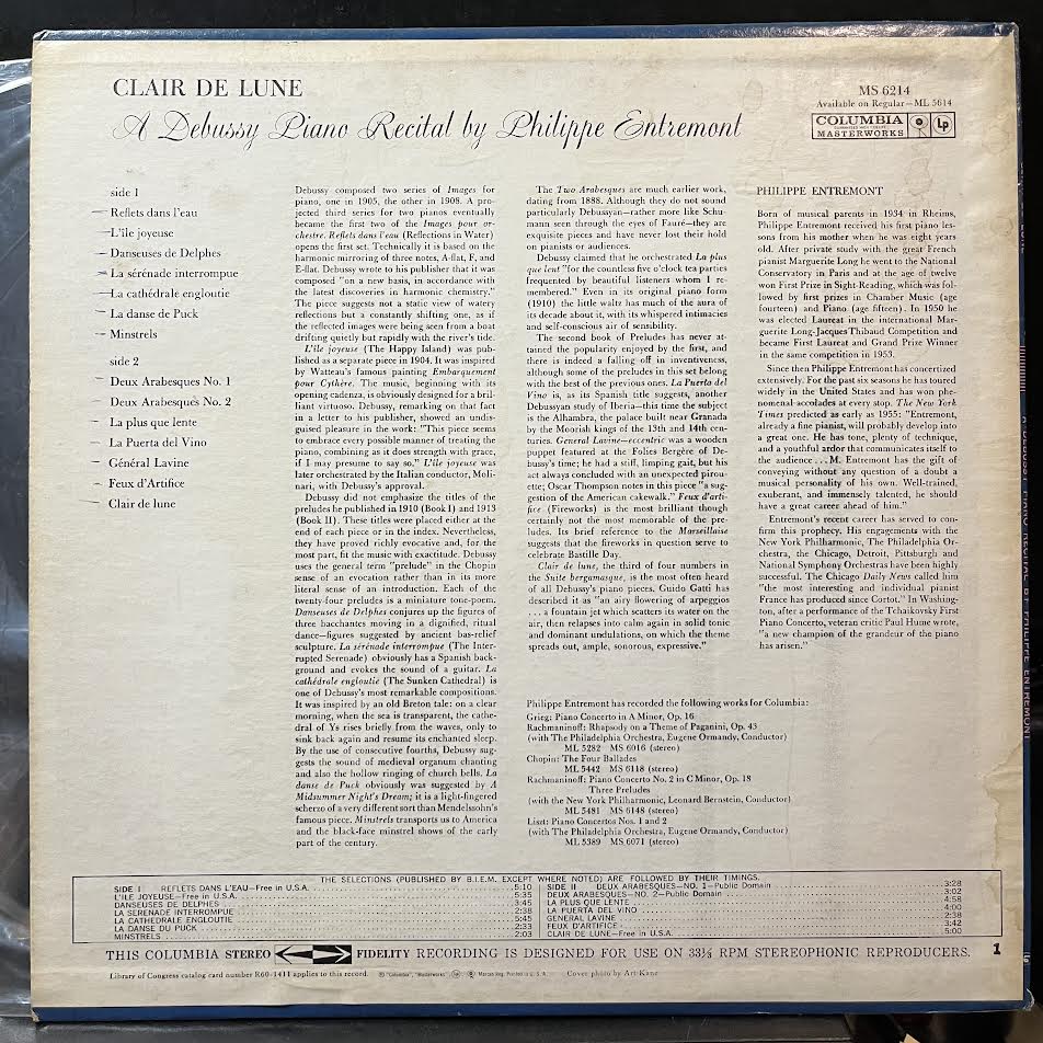 Claude Debussy - Clair De Lune (A Debussy Piano Recital By Philippe Entremont) (VINYL) | Near Mint (NM) Excellent+ (EX+)