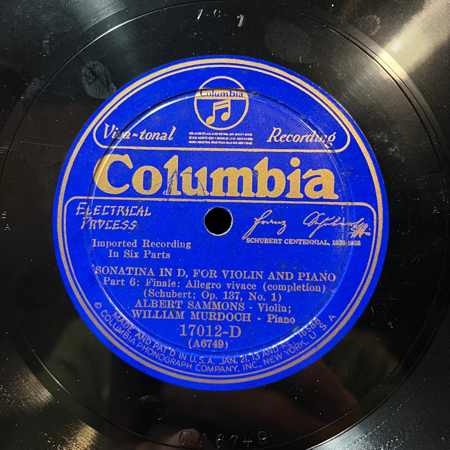 WILLIAM MURDOCH / ALBERT SAMMONS - SONATA IN D / SCHUBERT OP 137 (78RPM 10") 17012-D COLUMBIA | Near Mint (NM or M-) Generic