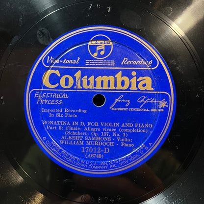 WILLIAM MURDOCH / ALBERT SAMMONS - SONATA IN D / SCHUBERT OP 137 (78RPM 10") 17012-D COLUMBIA | Near Mint (NM or M-) Generic