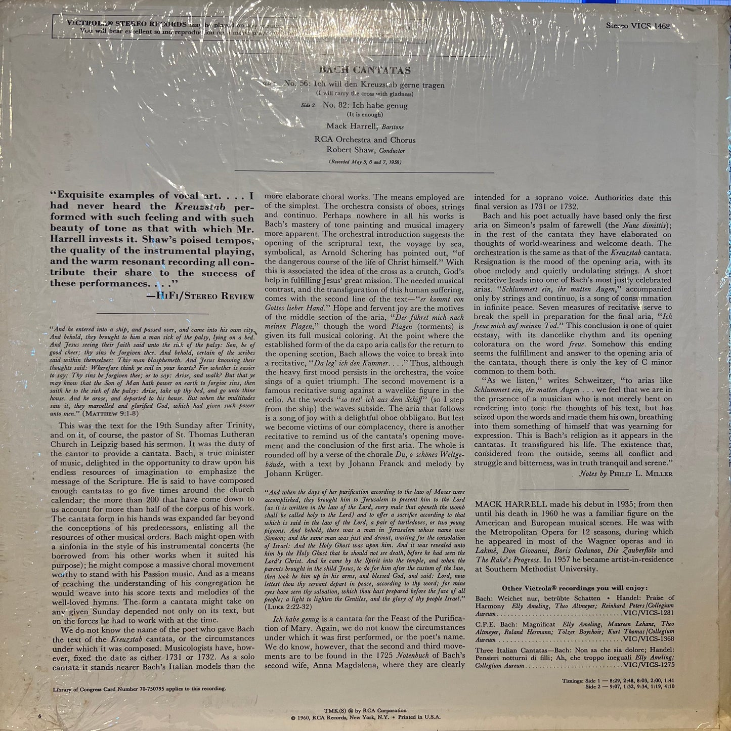 Johann Sebastian Bach - Cantatas No. 56: Ich Will Den Kreuzstab Gerne Tragen / No. 82: Ich Habe Genug | Near Mint (NM) Near Mint (NM)