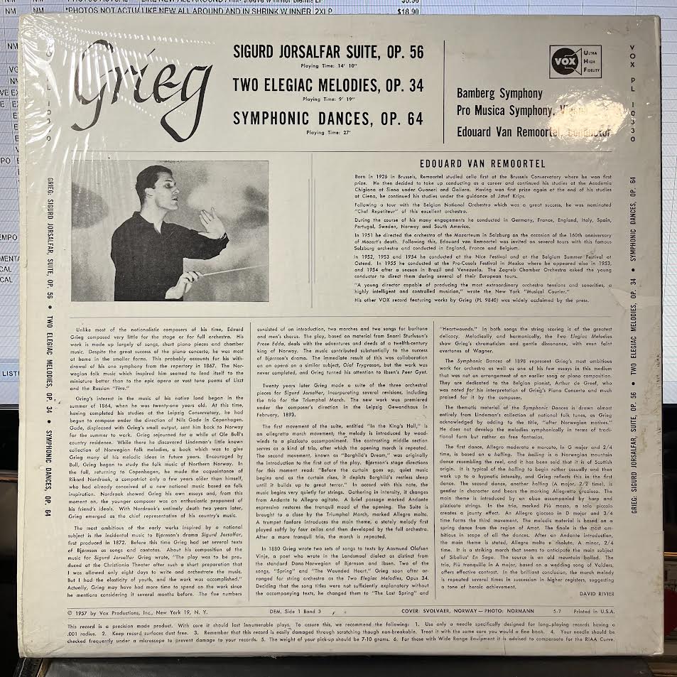 Edvard Grieg - Sigurd Jorsalfar Suite, Op. 56 | Two Elegiac Meolodies, Op. 34 | Symphonic Dances, Op. 64 (VINYL) | Near Mint (NM) Near Mint (NM)