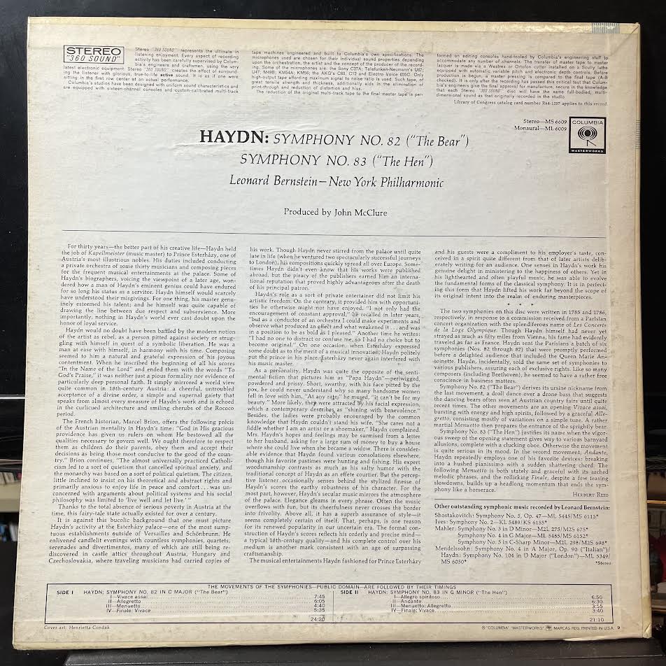 Joseph Haydn - Symphony No. 82 "The Bear", Symphony No. 83 "The Hen" (VINYL) | Near Mint (NM) Excellent (EX)