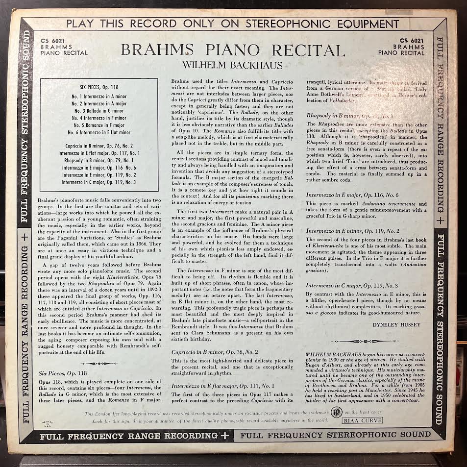 Johannes Brahms - Brahms Piano Recital (VINYL) | Near Mint (NM or M-) Excellent+ (EX+)