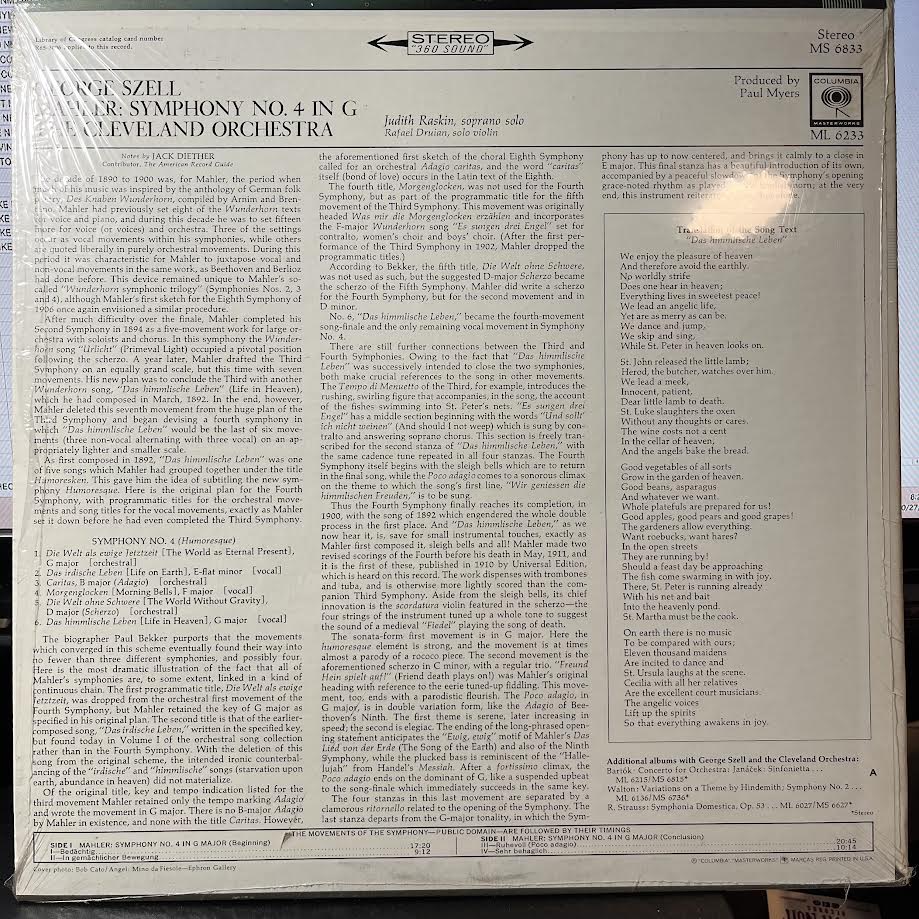Symphony No. 4 In G (VINYL) | Near Mint (NM) Near Mint (NM)