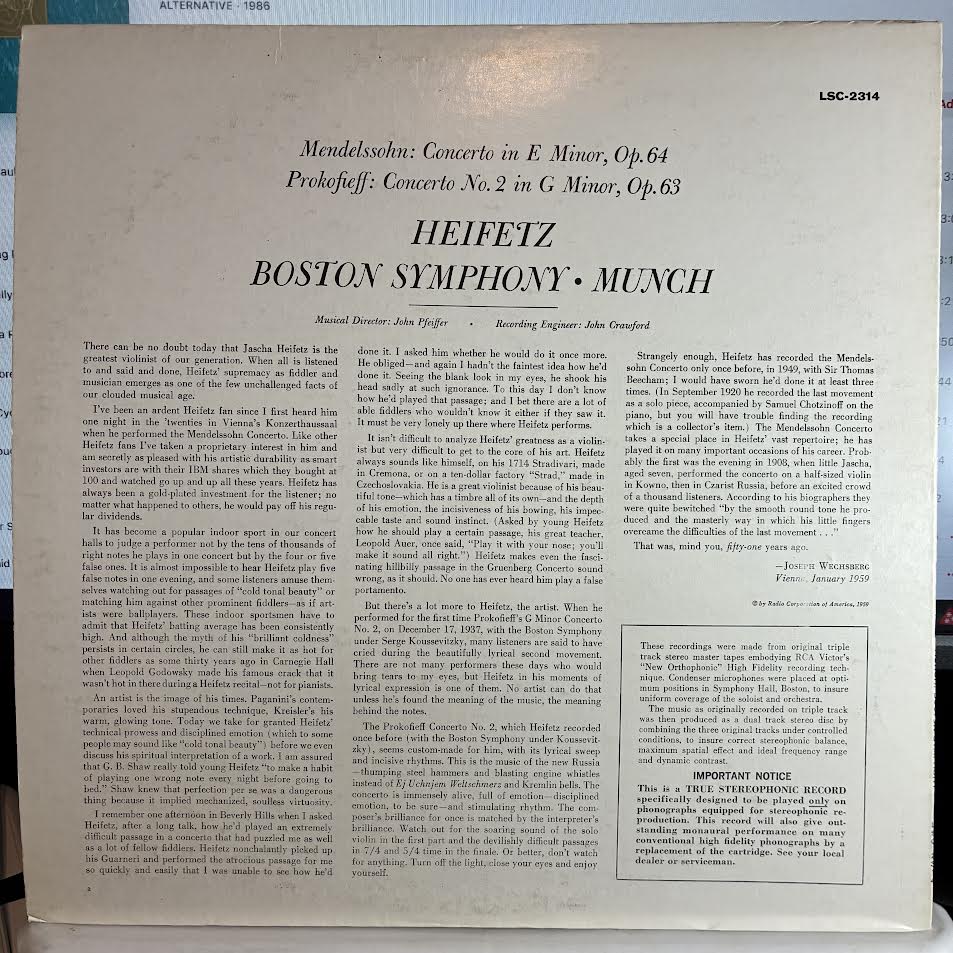 Jascha Heifetz - Concerto In E Minor / Concerto In G Minor (VINYL) | Near Mint (NM or M-) Excellent+ (EX+)