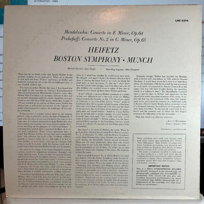 Jascha Heifetz - Concerto In E Minor / Concerto In G Minor (VINYL) | Near Mint (NM or M-) Excellent+ (EX+)
