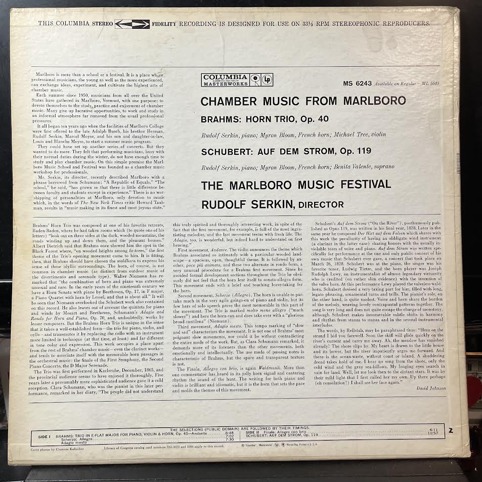 Johannes Brahms - Chamber Music From Marlboro: Horn Trio, Op. 40 / Auf Dem Strom, Op. 119 (VINYL) | Near Mint (NM or M-) Excellent+ (EX+)