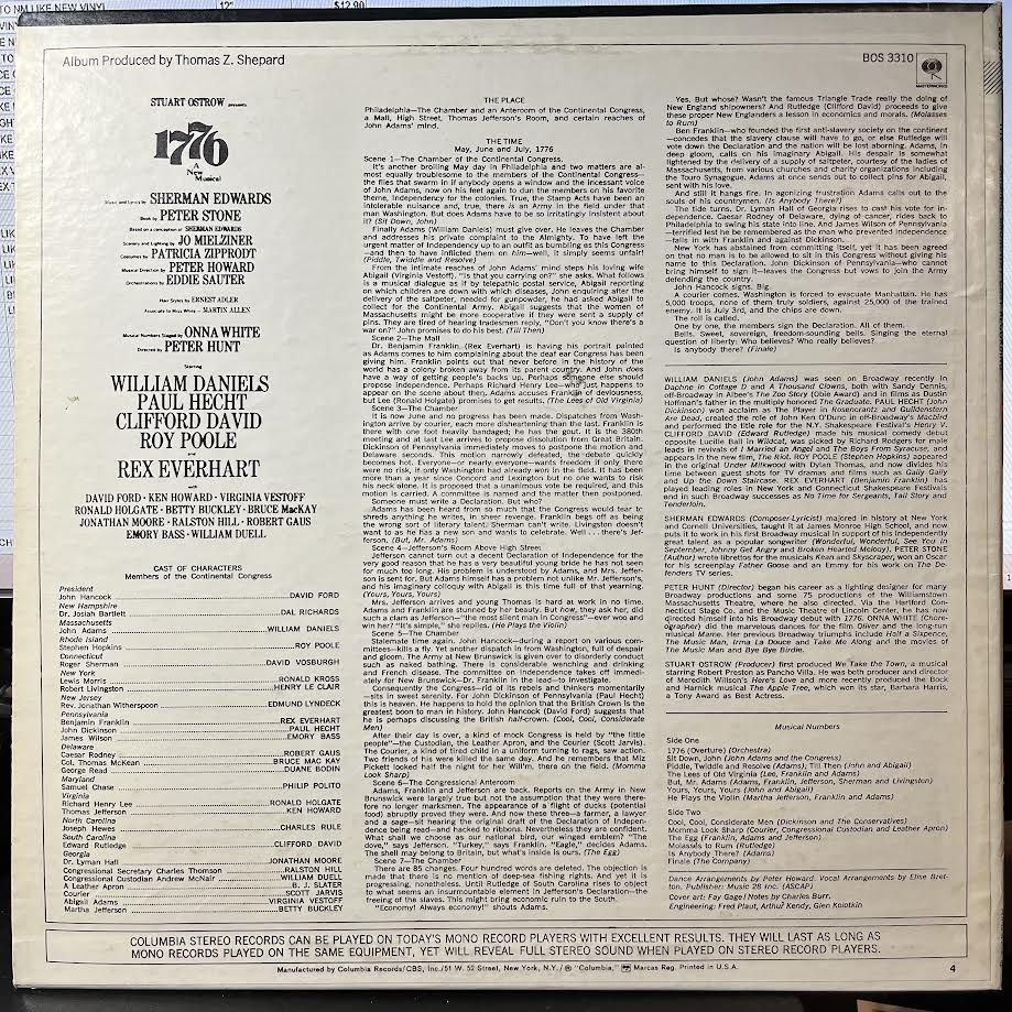 William Daniels - 1776 (A New Musical) (VINYL) | Near Mint (NM) Excellent (EX)