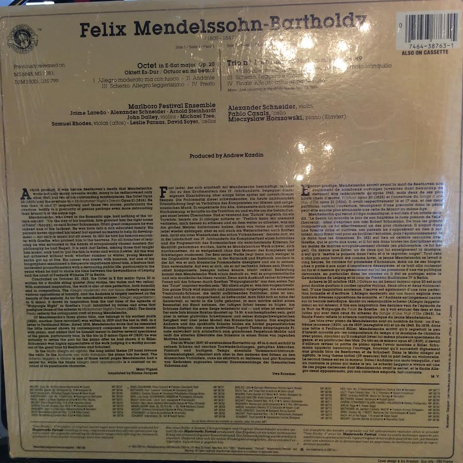 Felix Mendelssohn-Bartholdy - Mendelssohn Octet In E-flat Major, Op. 20 / Trio No. 1 In D Minor (VINYL) | Near Mint (NM) Near Mint (NM)