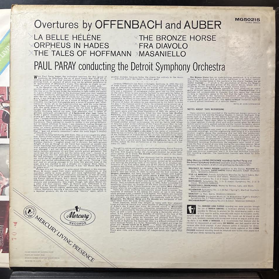 Paul Paray - Overtures By Offenbach & Auber (VINYL) | Near Mint (NM or M-) Excellent (EX)