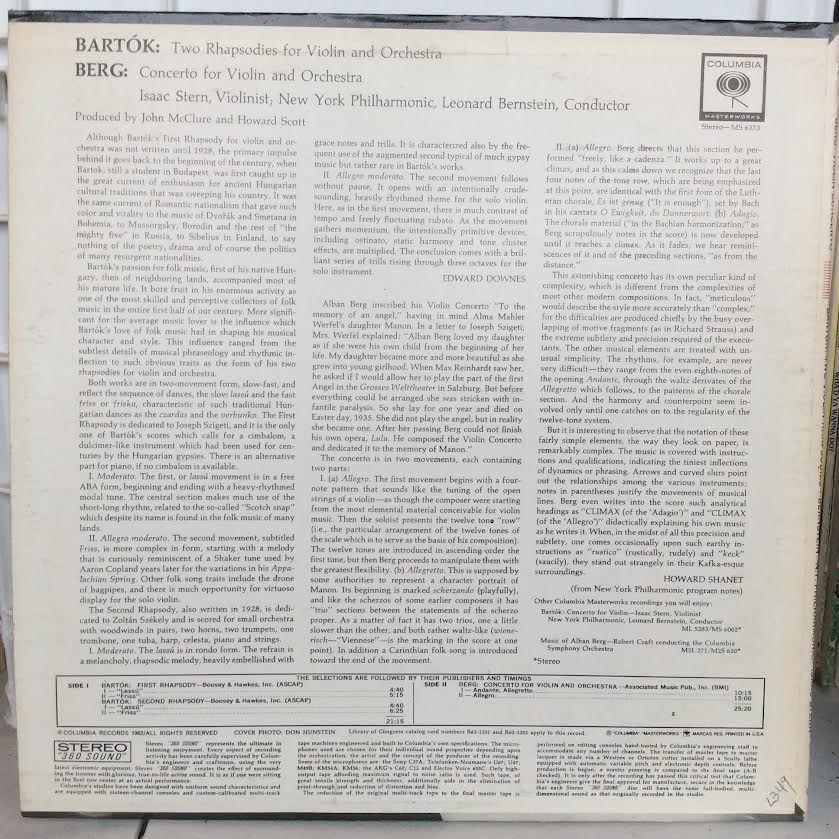 Bela Bartok / Alban Berg - Isaac Stern, Leonard Be - Two Rhapsodies For Violin And Orchestra / Violin Concerto (VINYL) | Near Mint (NM or M-) Very Good Plus (VG+)