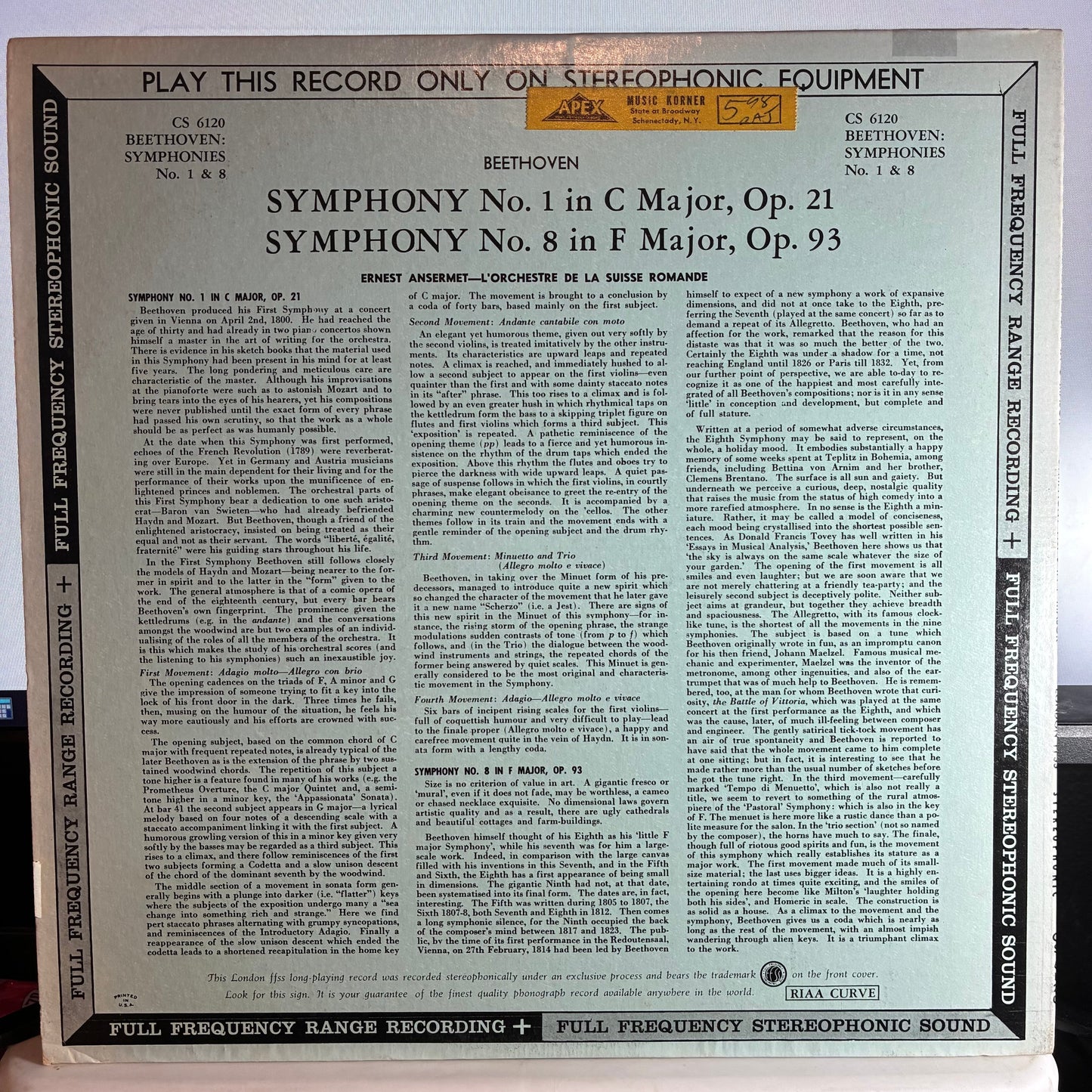 Ludwig van Beethoven - Symphony No. 1 In C Major Op. 21 / Symphony No. 8 In F Major Op. 93 (VINYL) | Very Good Plus (VG+) Excellent+ (EX+)