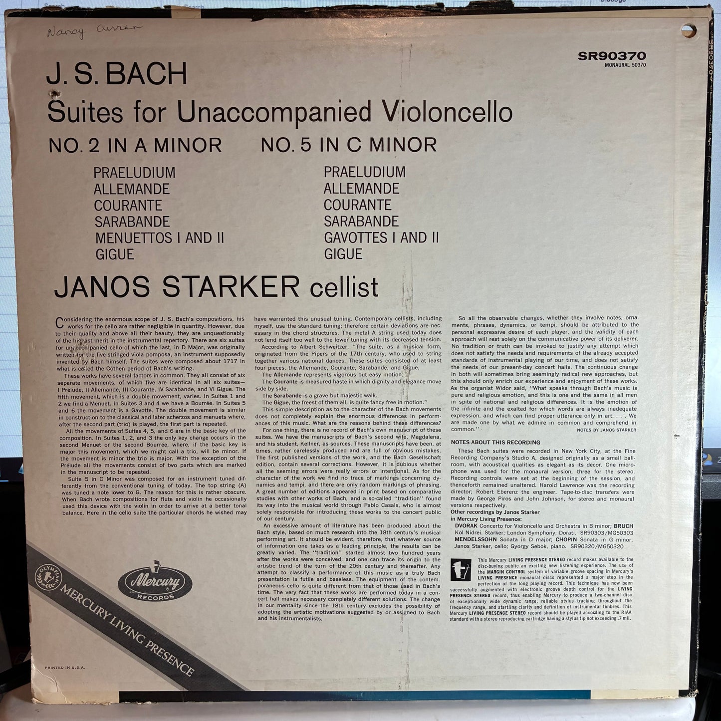 Johann Sebastian Bach - Suites For Solo Cello No.2 In D Minor No.5 In C Minor (VINYL) | Very Good (VG) Very Good (VG)