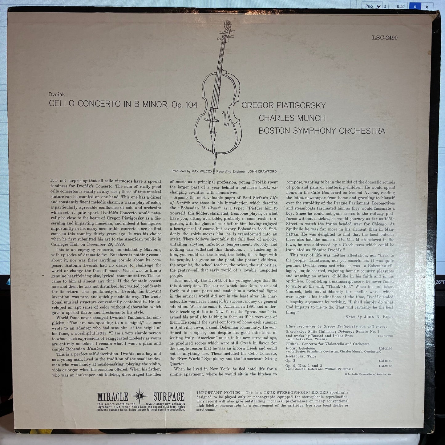 Antonín Dvořák - Cello Concerto (VINYL) | Very Good (VG) Very Good Plus (VG+)