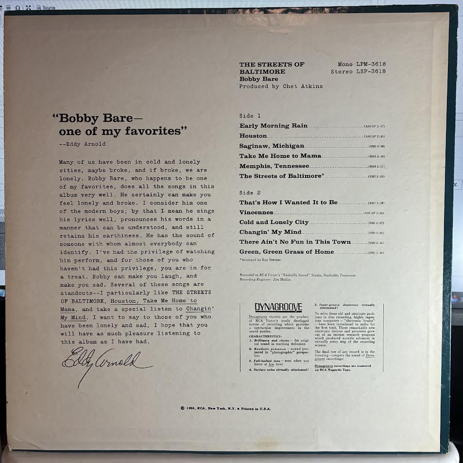 Bobby Bare - The Streets Of Baltimore (VINYL) | Very Good Plus (VG+) Excellent (EX)