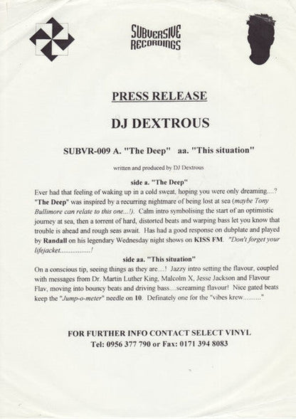 Dextrous - The Deep / This Situation (12" VINYL) | Very Good Plus (VG+) Generic