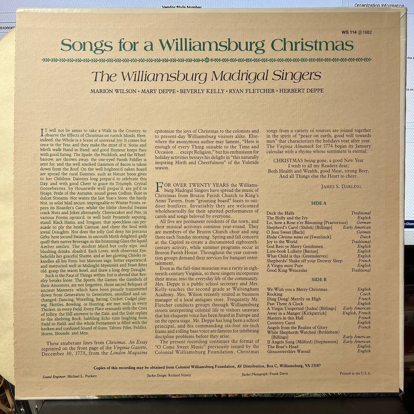 The Williamsburg Madrigal Singers - Songs For A Williamsburg Christmas (VINYL) | Excellent+ (EX+)