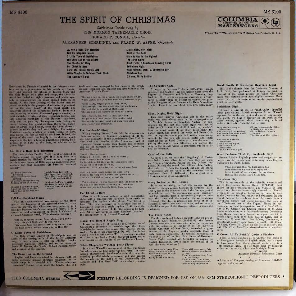 Mormon Tabernacle Choir - The Spirit Of Christmas: Christmas Carols Sung By The Mormon Tabernacle Choir (VINYL) | Near Mint (NM) Near Mint (NM)