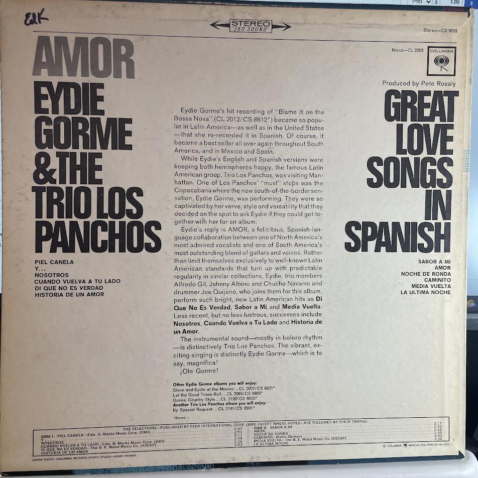Eydie Gormé - Amor (Great Love Songs In Spanish) (VINYL) | Excellent+ (EX+) Excellent+ (EX+)