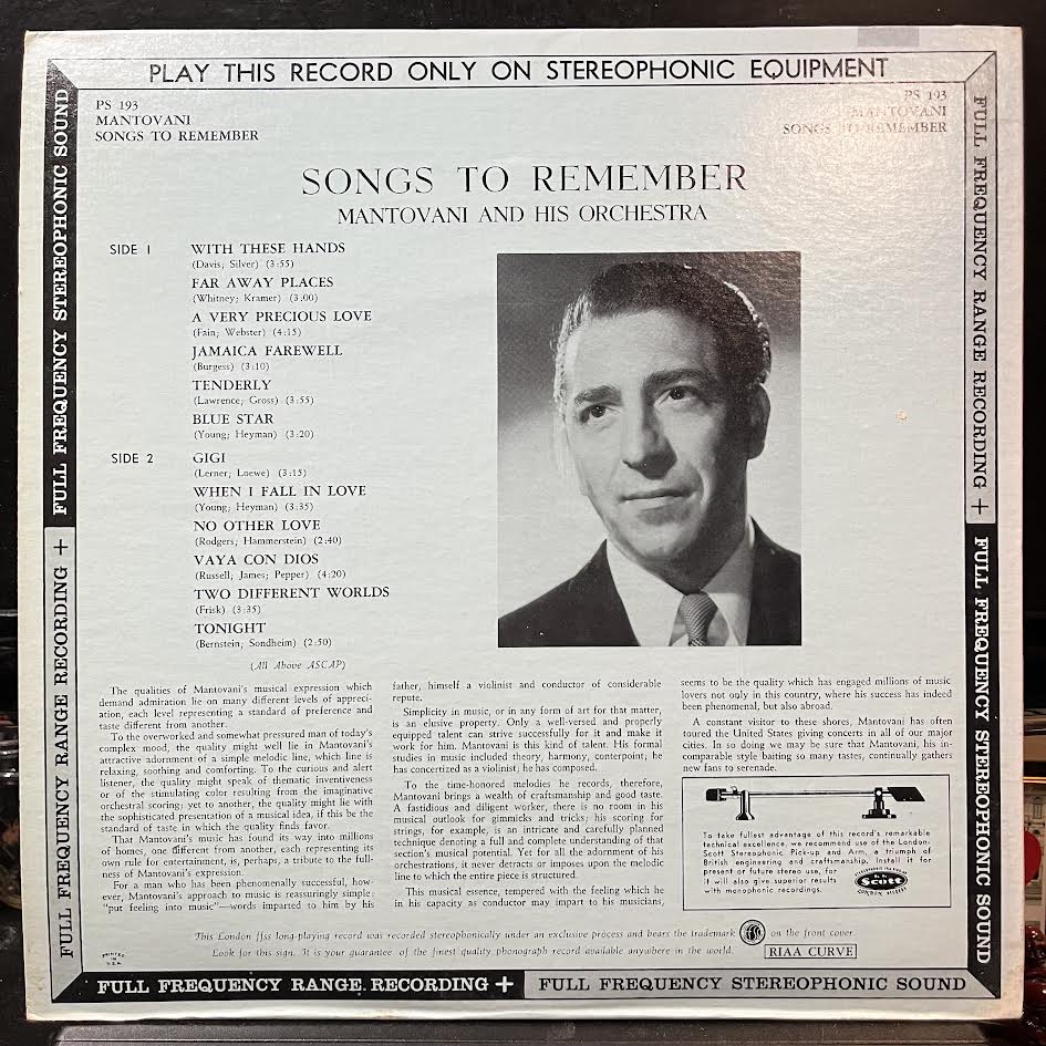 Mantovani And His Orchestra - Songs To Remember (VINYL) | Near Mint (NM) Near Mint (NM)