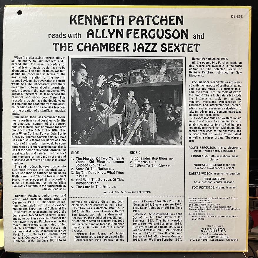 Kenneth Patchen - Kenneth Patchen Reads With Allyn Ferguson And The Chamber Jazz Sextet (VINYL) | Near Mint (NM or M-) Near Mint (NM)