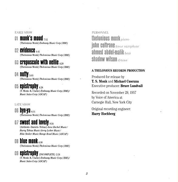 The Thelonious Monk Quartet - At Carnegie Hall (CD) | Near Mint (NM) Near Mint (NM)