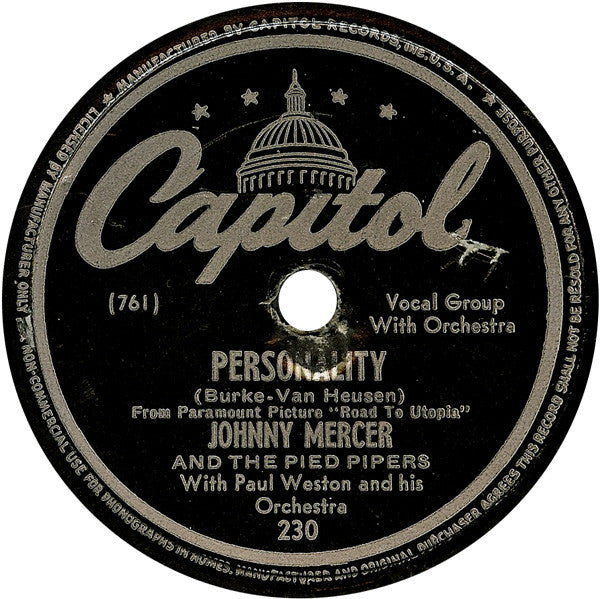 Johnny Mercer - Personality / If I Knew Then (10" 78RPM RECORD) | Very Good Plus (VG+) Generic