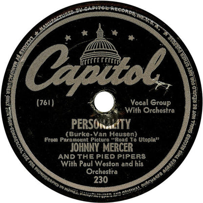 Johnny Mercer - Personality / If I Knew Then (10" 78RPM RECORD) | Very Good Plus (VG+) Generic