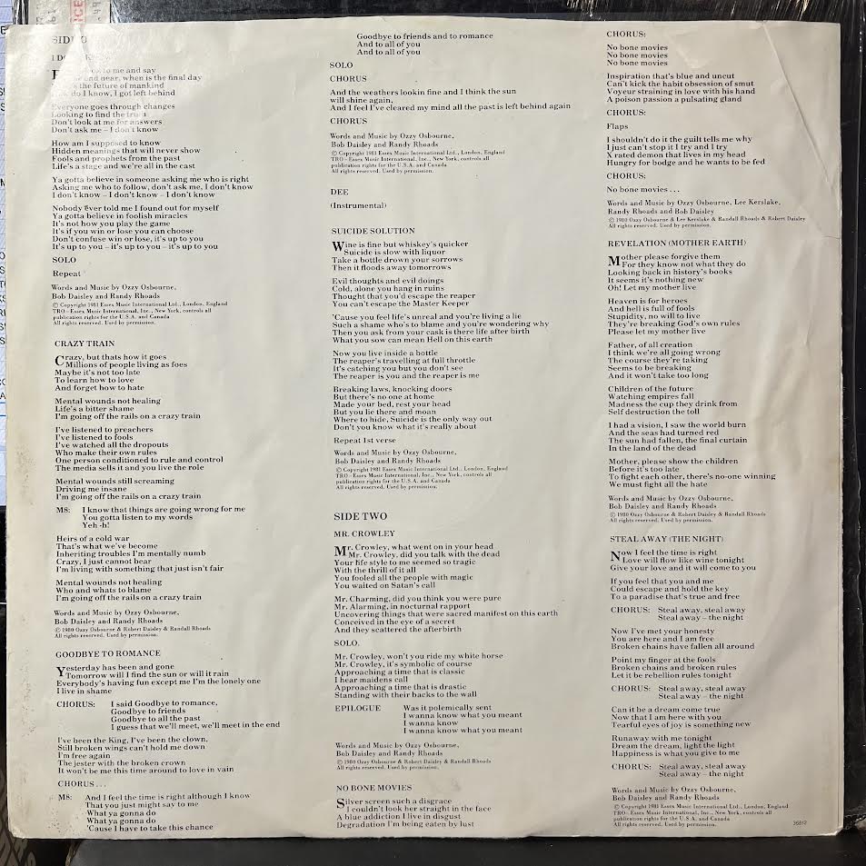 Ozzy Osbourne - Blizzard Of Ozz (VINYL) | Excellent (EX) Excellent+ (EX+)
