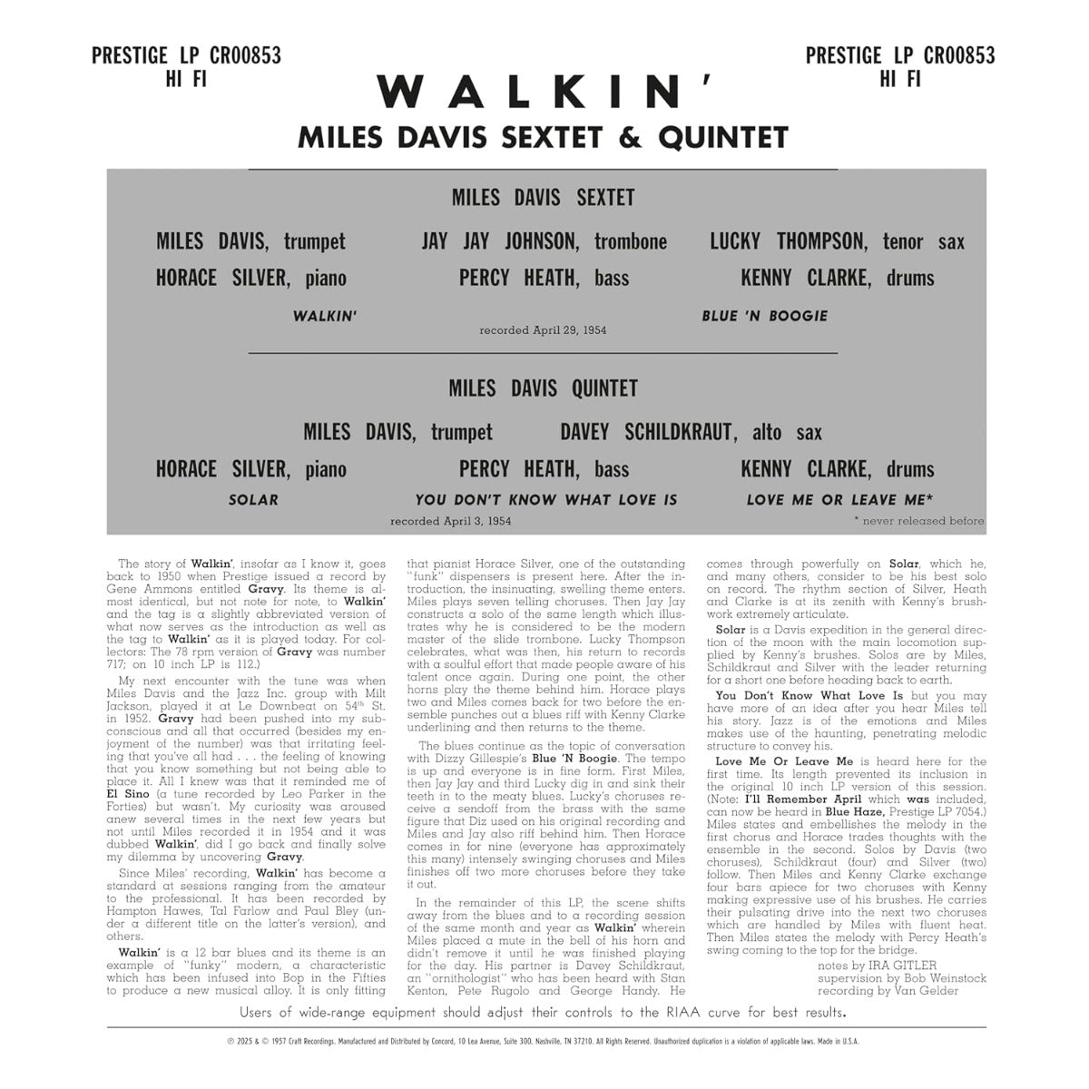 Walkin' (Original Jazz Classics Series) (180g VINYL) | Mint (M) Mint (M)