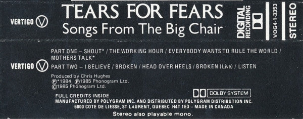 Tears For Fears - Songs From The Big Chair (CASS) | Excellent (EX) Excellent (EX)