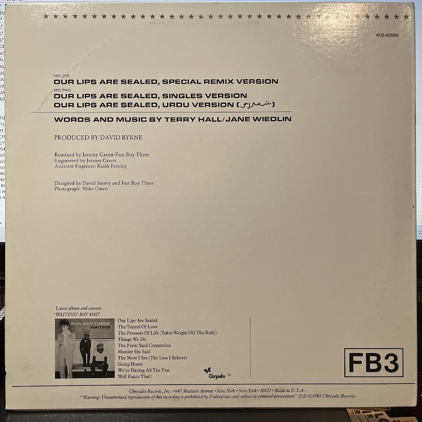 Fun Boy Three - Our Lips Are Sealed (Special Remix Version) (12" VINYL) | Near Mint (NM) Excellent+ (EX+)